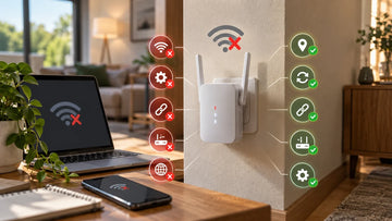 Répéteur WiFi en dépannage avec étapes de diagnostic pour résoudre un problème de connexion