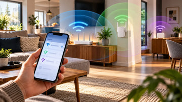 Smartphone détectant plusieurs réseaux WiFi émis par un routeur, un répéteur et un point d’accès