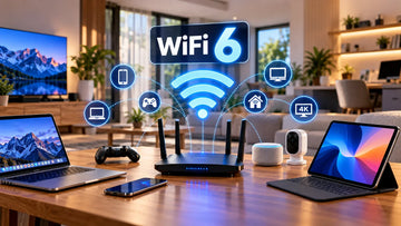 Réseau WiFi 6 reliant plusieurs appareils dans un intérieur moderne