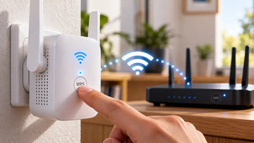 Doigt appuyant sur le bouton WPS d’un répéteur WiFi pour lancer l’appairage
