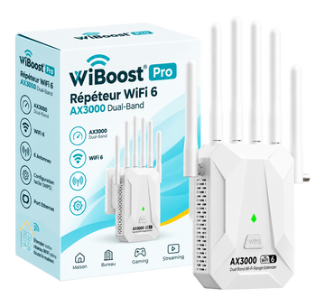 WiBoost Pro AX3000 blanc avec 6 antennes et emballage