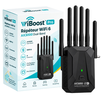 WiBoost Pro AX3000 noir avec 6 antennes et emballage
