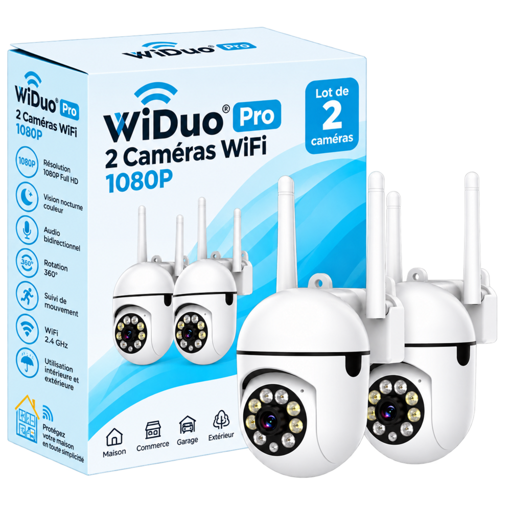 WiDuo Pro lot de 2 caméras WiFi 1080P avec emballage sur fond transparent