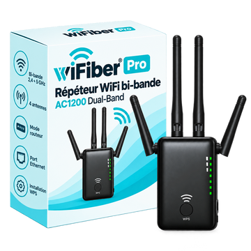 Répéteur WiFi WiFiber Pro noir et sa boîte