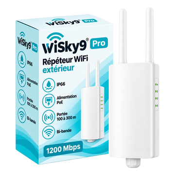 Répéteur extérieur WiSky9® Pro 1200 Mbps et sa boîte