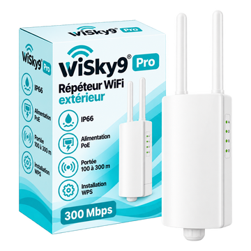 Répéteur extérieur WiSky9® Pro 300 Mbps et sa boîte